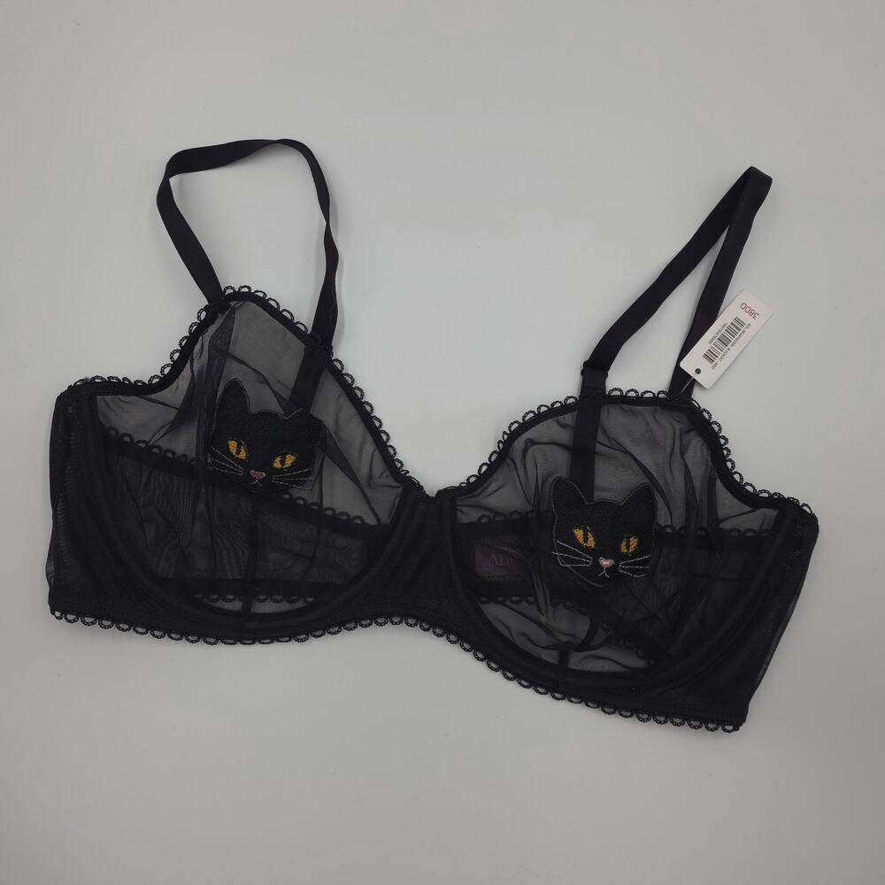 Adore Me Alyshia Cat Embroidered Unlined Demi Bra in Black Size 38DD